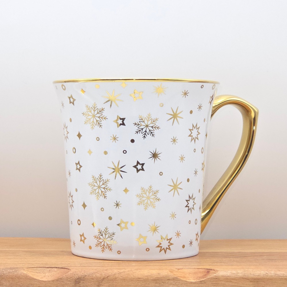 10 Strawberry Street Gold Snowflake Star White Ceramic Coffee Mug Holiday Cup